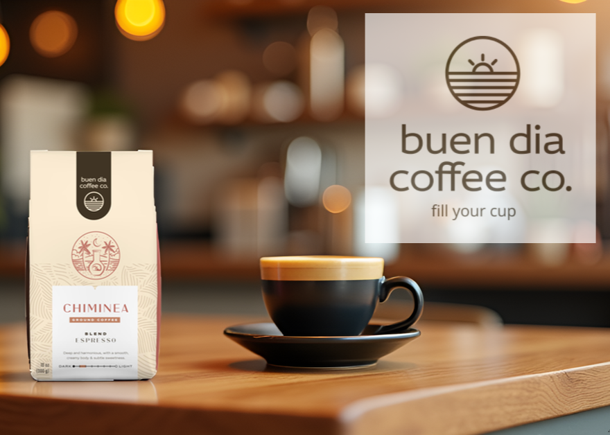 Coffee bag and cup on a wooden table with 'buen dia coffee co.' branding.
