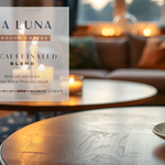 La Luna decaffeinated blend coffee package with a steaming cup of coffee on a table in a cozy living room.