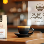 Coffee bag and cup on a wooden table with 'buen dia coffee co.' branding.