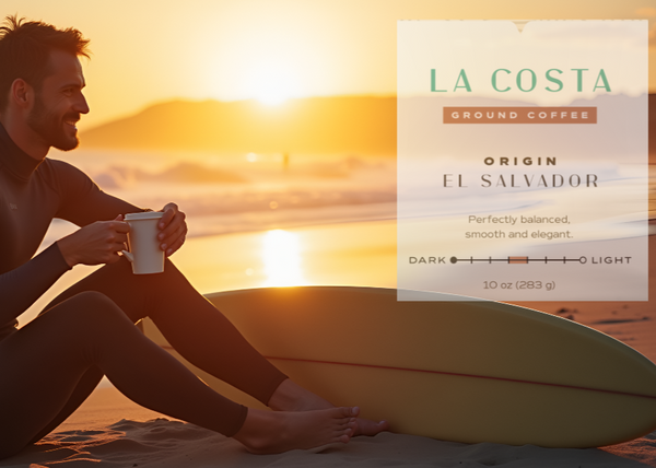 Man in a wetsuit sitting on a surfboard at sunset with a coffee cup, La Costa coffee label overlay.