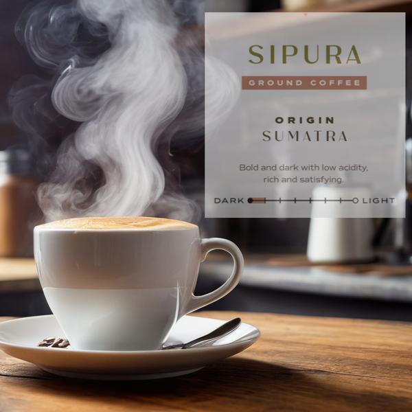 Steaming coffee cup on a wooden table with Sipura coffee packaging in the background